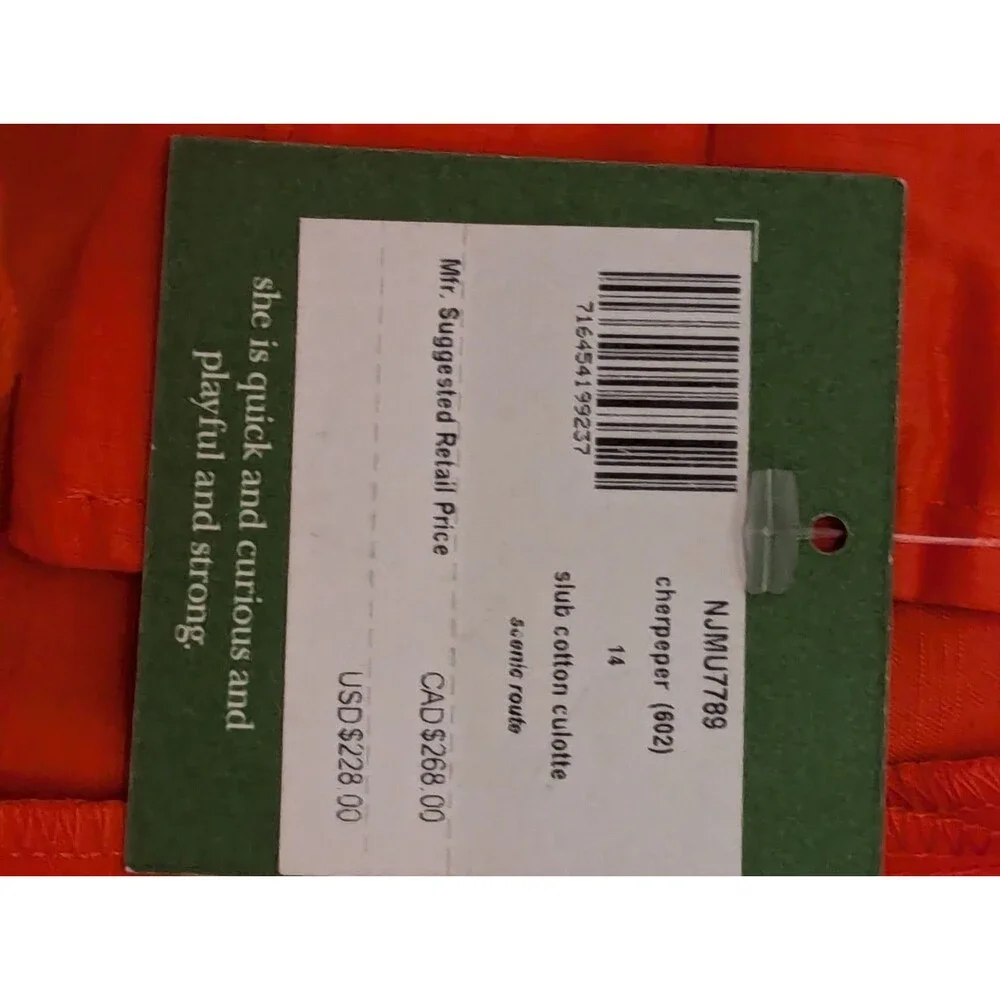 NWT Kate Spade Scenic Route Slub Cotton Culotte Pants 14 Cherpeper Red Orange